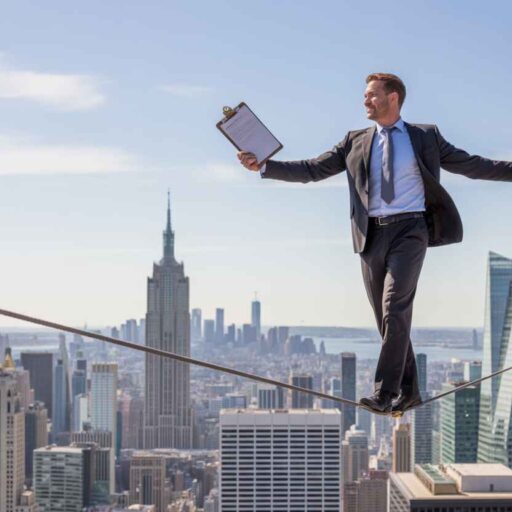 Supervisor walking a tightrope with clipboard, metaphor for leadership balance in hiring.