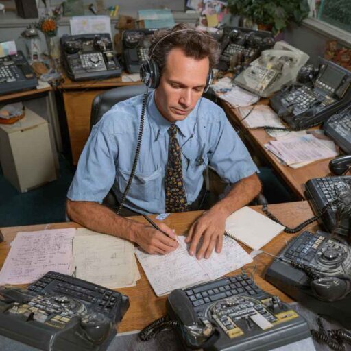 Telemarketer staying calm amid multiple ringing phones, symbolizing resilience in assessments.