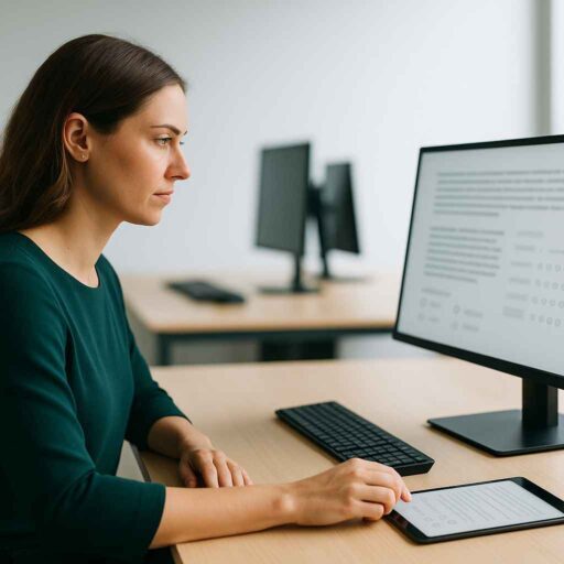 Job candidate taking a verbal reasoning IQ test on a computer.