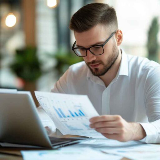 HR professional reviewing workplace personality assessment reports in an office setting.