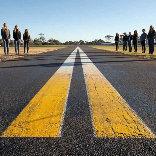 Emerging leaders standing at the start of a long runway, ready for takeoff, symbolizing leadership readiness in a fast-paced business environment.