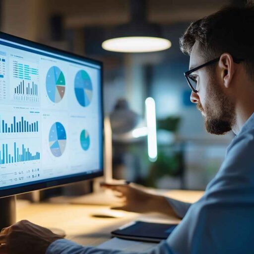 HR manager analyzing computer literacy test results on a dashboard.
