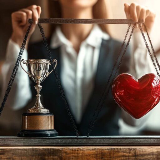 Charismatic salesperson balancing a trophy and a glowing heart on a large scale, symbolizing the blend of personality and skill in sales success.