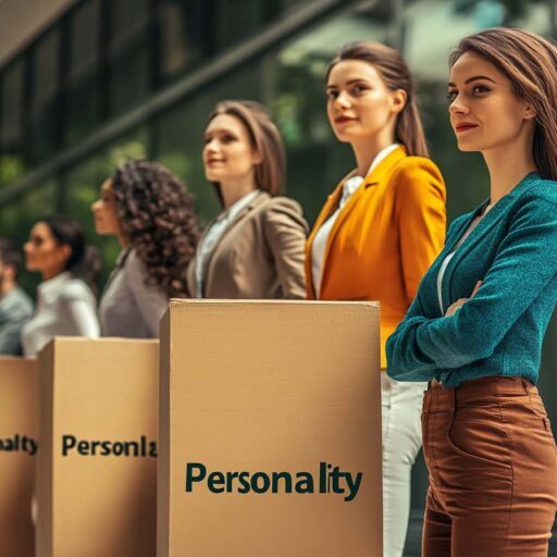 Diverse team of hiring professionals standing on a foundation block labeled “Personality” symbolizing how understanding personality underpins organizational success.