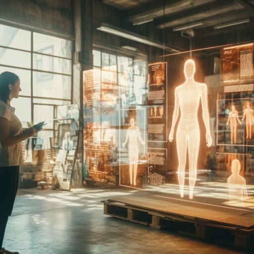 Hiring manager using a futuristic holographic interface showing abstract personality data, symbolizing the fusion of AI and human expertise in modern talent management.