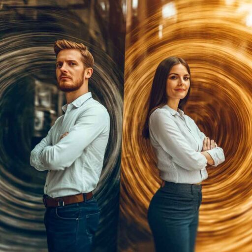 Two HR professionals facing a color-coded scale that contrasts high-turnover chaos vs. high-performing teams, highlighting why sales representative assessments are essential.