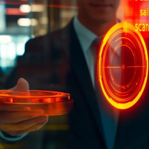 A futuristic device scanning a sales professional’s silhouette in a modern corporate space, symbolizing the iconic essence of evaluating and identifying top sales talent.
