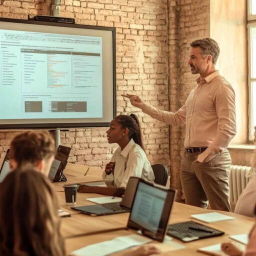 A sales team leader is sharing a plan with the team on a large screen.