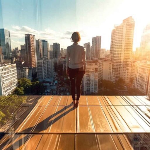 A professional gazing at a city skyline with a leadership reflection.