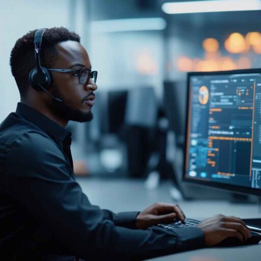 A professional male customer service representative taking an online skills assessment test at a modern workstation.