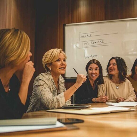 Diverse group of leaders actively collaborating around a sleek conference table in a modern office, showcasing inclusive leadership through engagement and mutual respect.