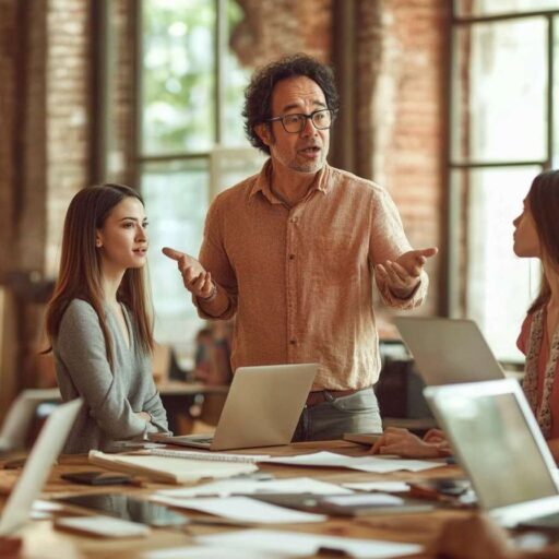 Charismatic transformational leader inspiring a diverse team during a brainstorming session in a modern, open-plan office, fostering innovation and collaboration.
