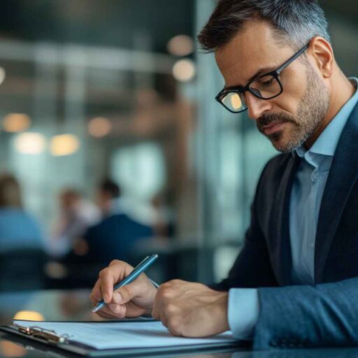 A male hiring manager in a corporate office reviewing a candidate’s writing test on paper.