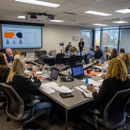 HR team running a personality assessment workshop with printed Big 5 Personality Test sheets.