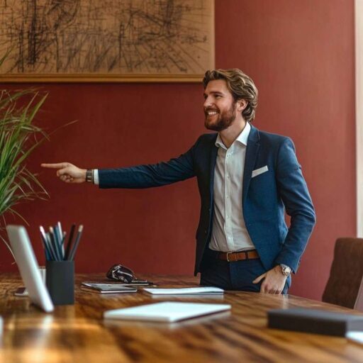 A thematic photo of a professional leader at a modern office.