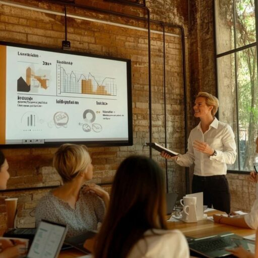 Confident executive leader inspiring a diverse team during a strategic planning session in a sleek, modern office meeting room, emphasizing vision and strategic success.