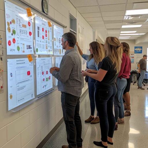 Team members reviewing Big 5 Personality profiles displayed on posters during a team-building session.