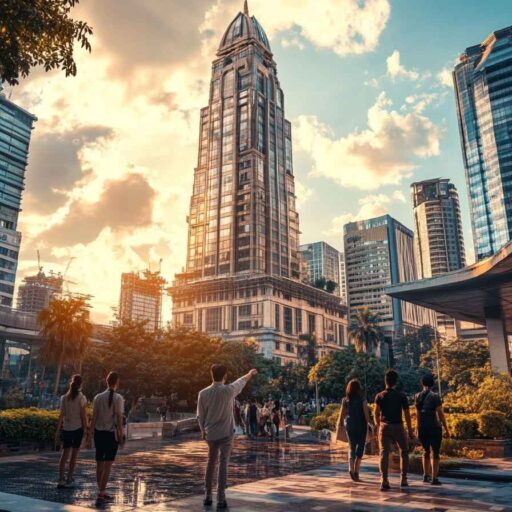 Confident executive leader guiding a diverse team through a vibrant cityscape, symbolizing growth and development in leadership.