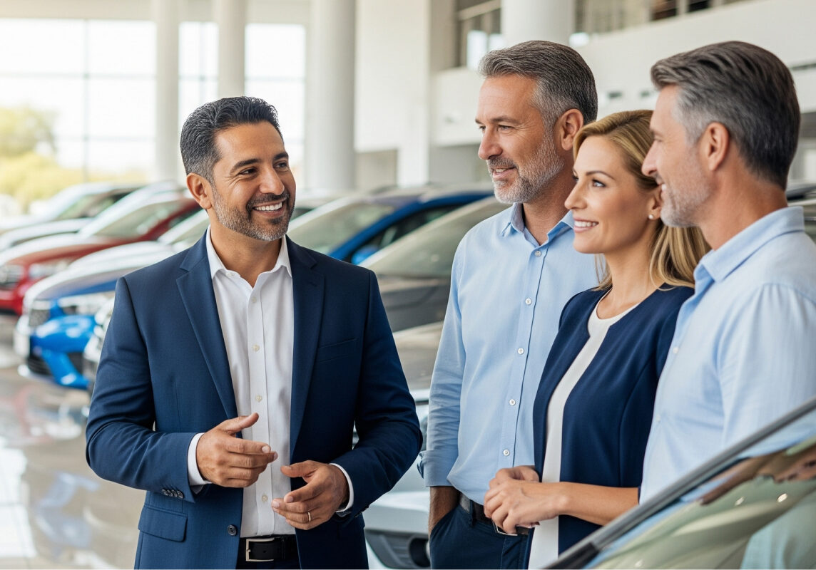 Professional car salesperson in a suit engaging in friendly conversation with a group of potential customers inside a modern dealership showroom, surrounded by neatly displayed vehicles.