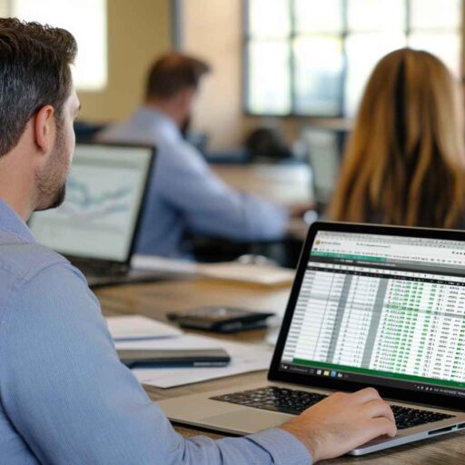 Candidates taking an Excel skills assessment on laptops in a modern office setting