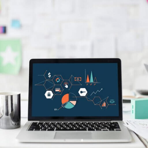 Close up of a computer with techy-looking background screen