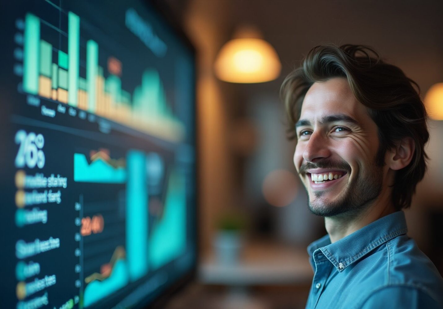Young male professional smiling beside a data dashboard displaying analytics from performance tests and digital assessments.